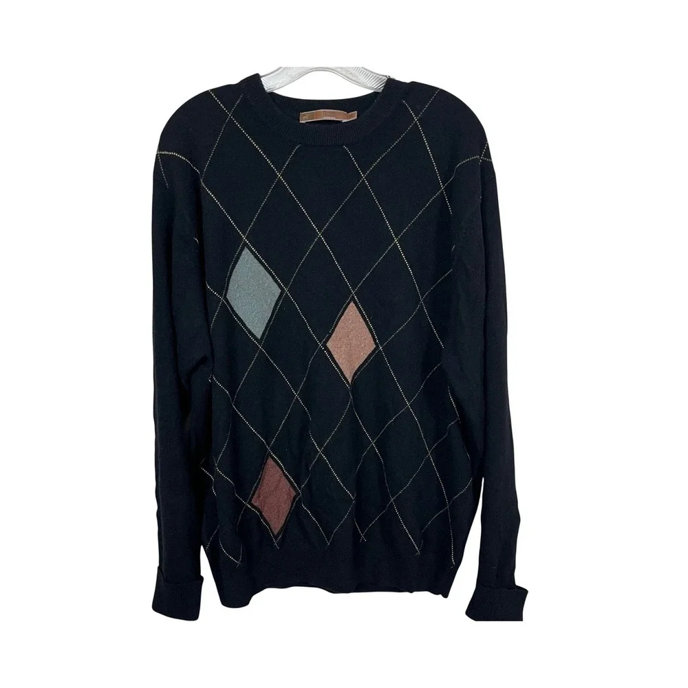 Raffi Cashmere Sweater Mens XL Black Argyle Crewneck 100% Pure Cashmere